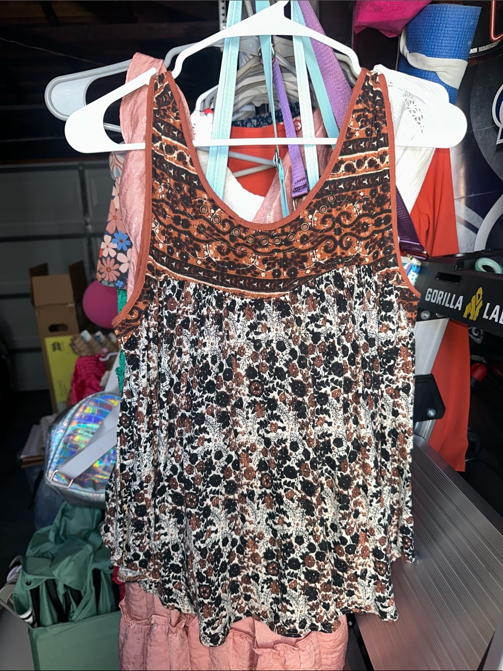 Free People Floral Crochet Yoke Tank in Black and Rust